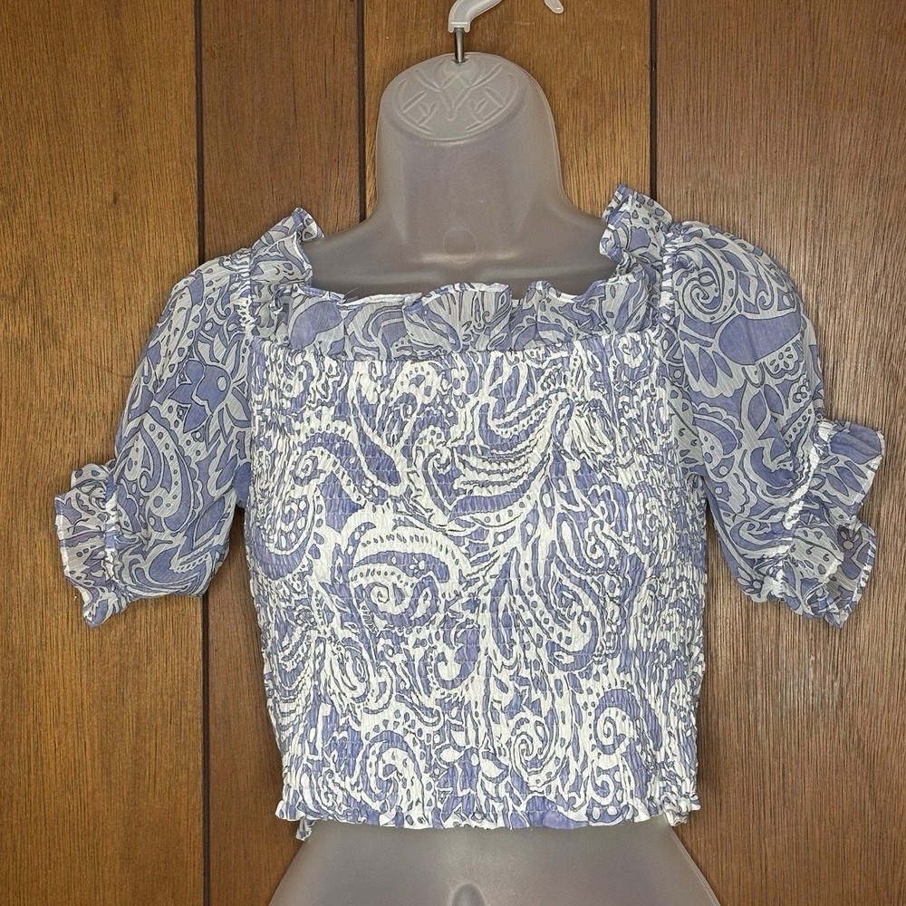 Express Crop Top Women XS Blue White Paisley Boho Fairy Festival Romantic